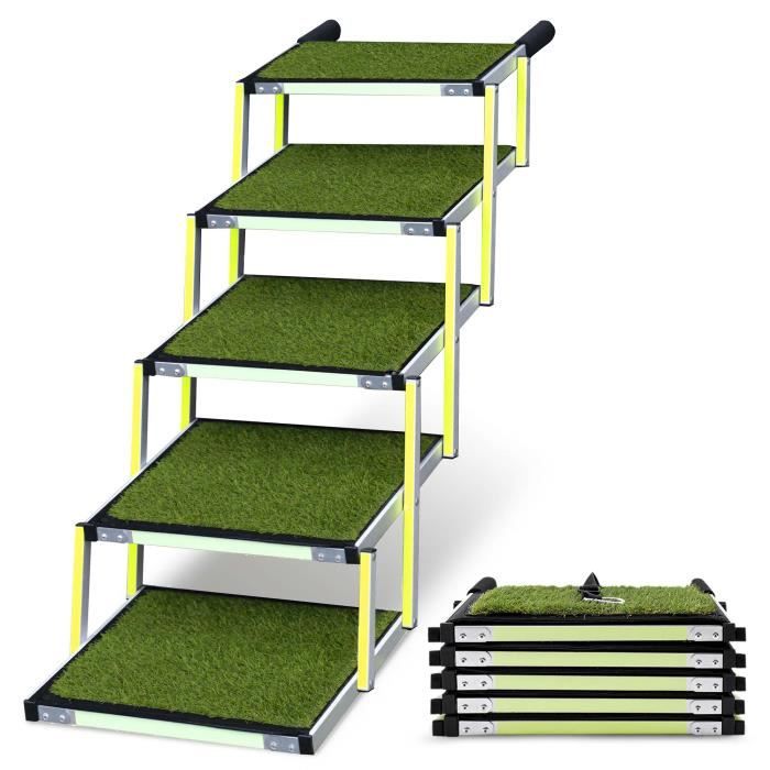 Escalier pour chien petit ou grand PRIORPET - Marquage phosphorescent - Surface antidérapante herbe - Rampe pliable pour - 5 marches