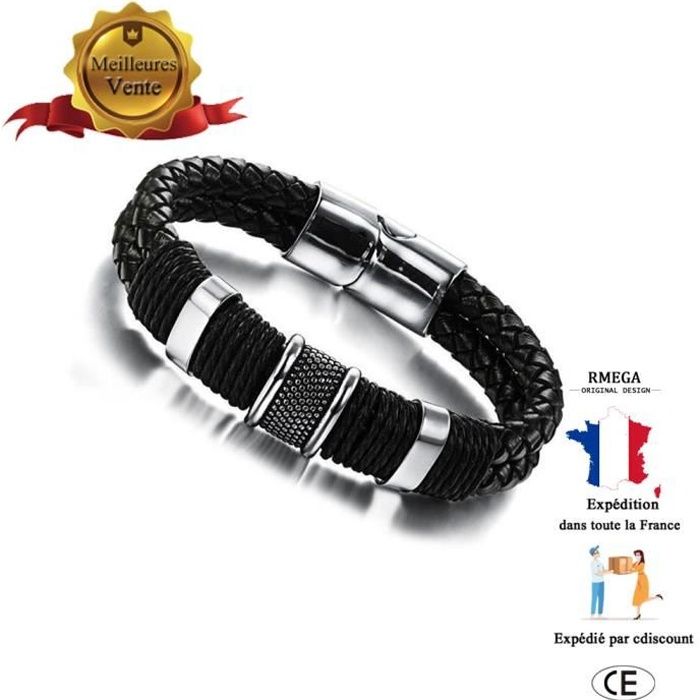 Bracelet homme cuir tresse noir acier - BijouxStore - webid:897
