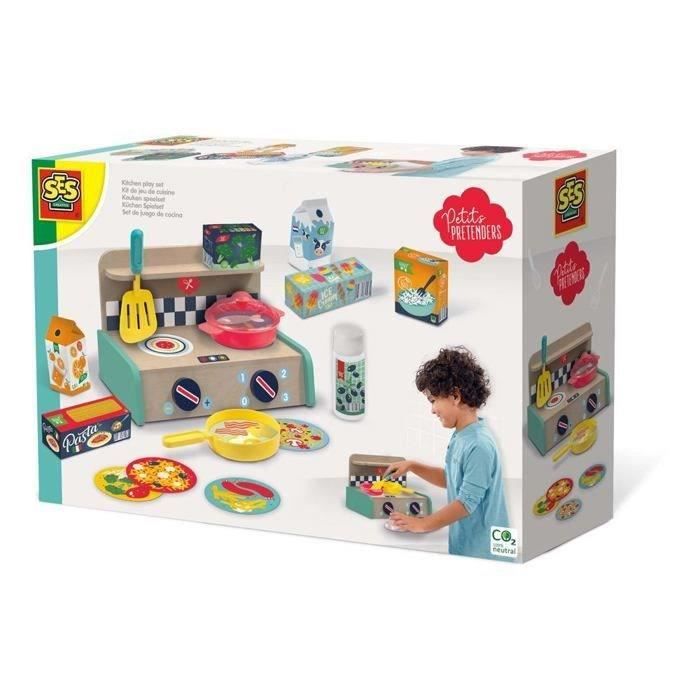 kit de jeu de cuisine ses creative - cuisine en bois, poêle, casserole, spatule, bouteille d’huile et 6 produits - dès 3 ans