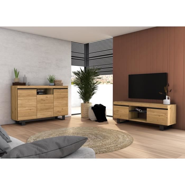 Skraut Home - Set Naturale salle à manger, meuble auxilier, buffet-meuble TV 140cm chêne nordique noir