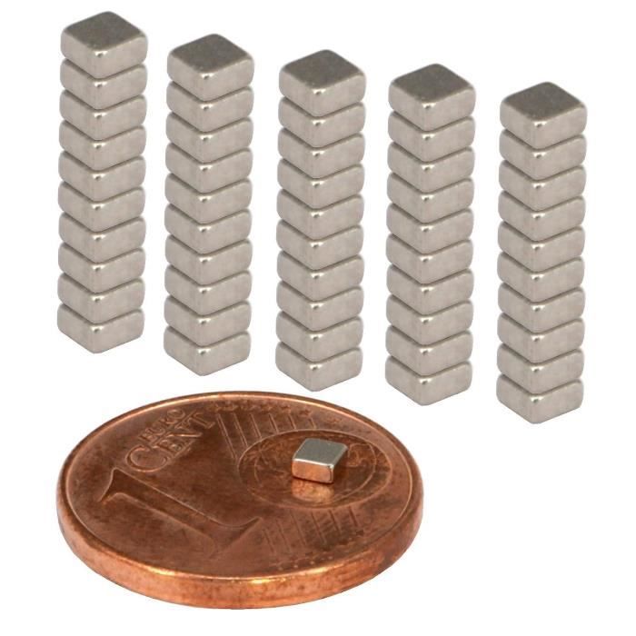 Lot de 50 aimants en néodyme extra puissants 2 x 2 x 1 mm – Aimant plat –  Mini aimant néodyme 1 mm – Aimants carrés 2 x 2 x 1 [423]