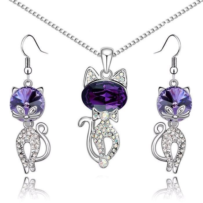 Parure Bijoux Chat Cristal Swarovski Violet Plaque Or Blanc 750 Violet Achat Vente Parure Parure Bijoux Femme Chat Sw Femme Adulte