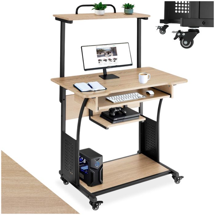 Bureau - TECTAKE - Table de bureau FIFE avec 4 roues pivotantes tablette et tiroir 80 x 655 x 1305 cm - Bois clair
