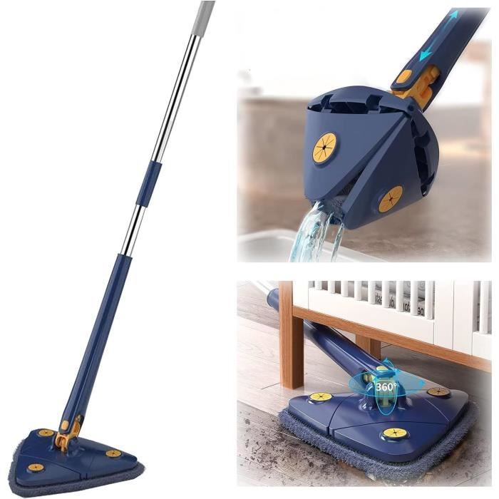 Balai Serpillère Télescopique Rotatif 360° - Avec Tige Réglable, Têtes Microfibre Et Chenille - Pour Nettoyer Murs, Plafonds, Fenêtres - 10