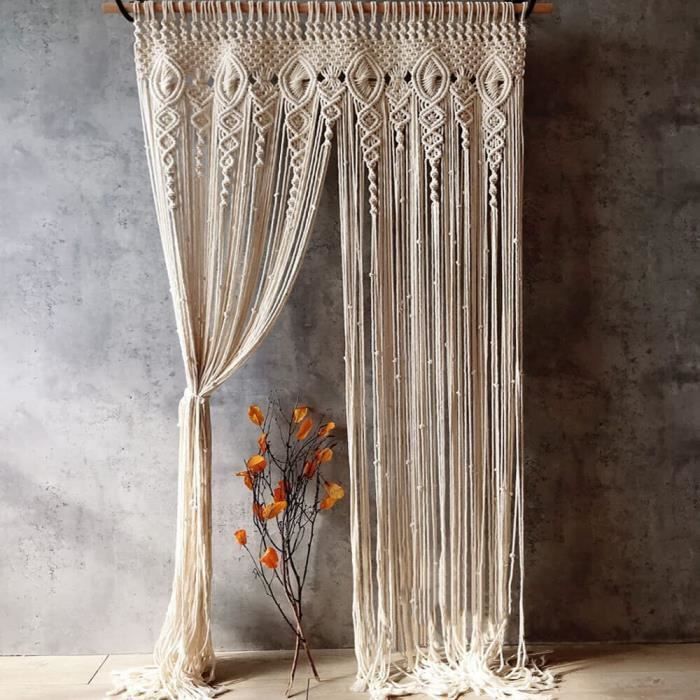 LOMOHOO Grande Tenture Murale Macramé 98x75 Cm – Boho Chic Tissée Main En Coton Avec Perles – Déco Murale Chambre Salon Bohème