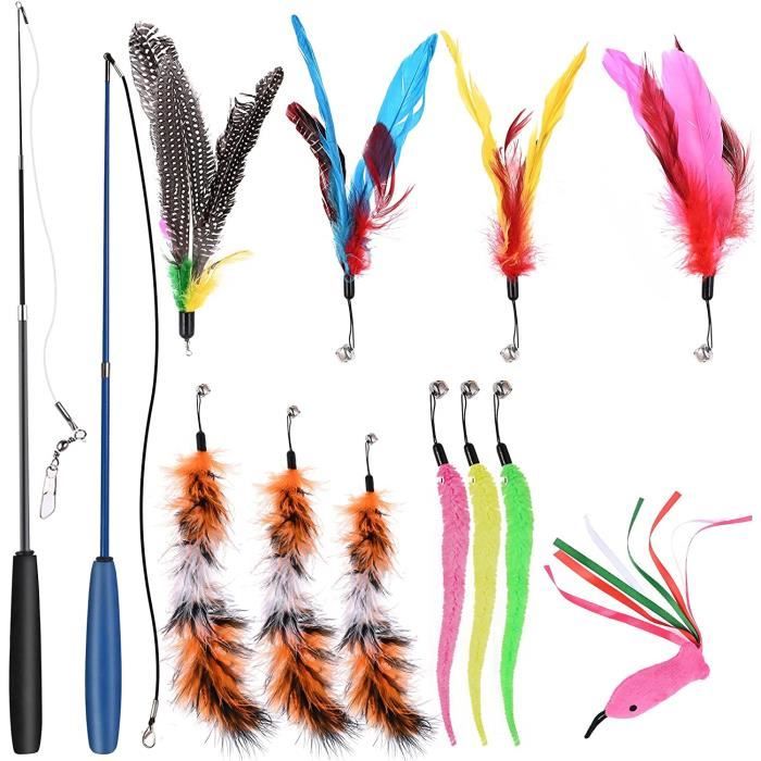 Comparer les prix de Jouet à Plumes pour Chats 13PCS, Rétractable Canne a Peche Jouet 2 bâtons de Baguette avec 11 Plumes de Remplacement Recharges