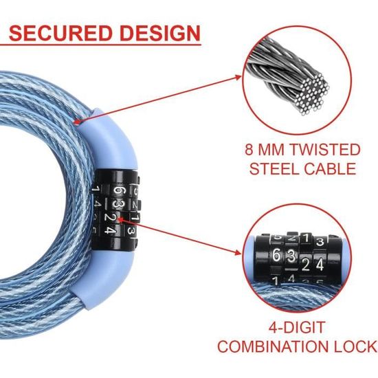 Antivol Vélo Master Lock 90cm - Câble Vert Combinaison 4 Chiffres, Extérieur