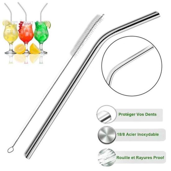 12 Pailles En Inox Réutilisables (droites + Courbées) Avec 2 Brosses De Nettoyage - 4
