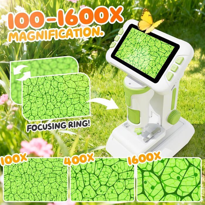 Microscope Enfant Portable Avec écran HD 1080P, Zoom 100x-1600x, Photo/vidéo, Carte 64Go Incluse – Parfait Pour Les Petits Explorateurs