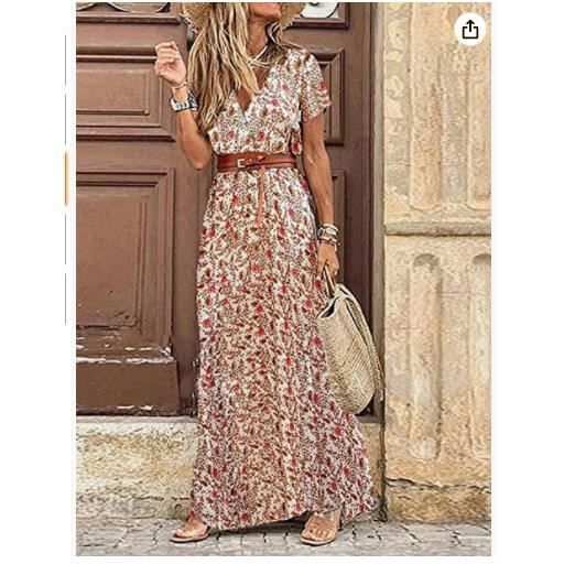 Robe Ete Femme Boheme Chic Vintage Col V Manches Courtes Robe Longue Casual Imprime Fleurie Maxi Robe Mode Robe De Plage Soiree Rouge Cdiscount Pret a Porter