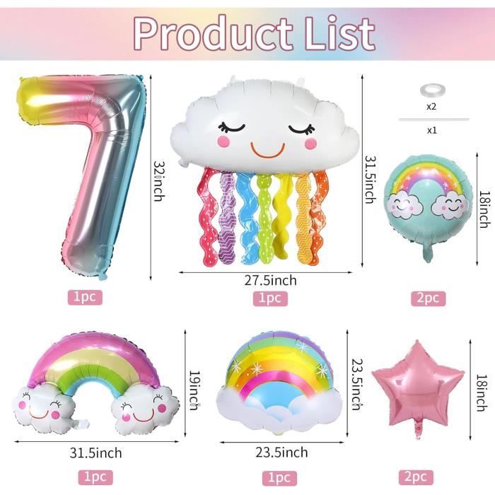 Set De 7 Ballons Arc-en-ciel En Aluminium – Déco Anniversaire Fille – Numéro 1,2,3 – Soleil, Nuage, étoiles