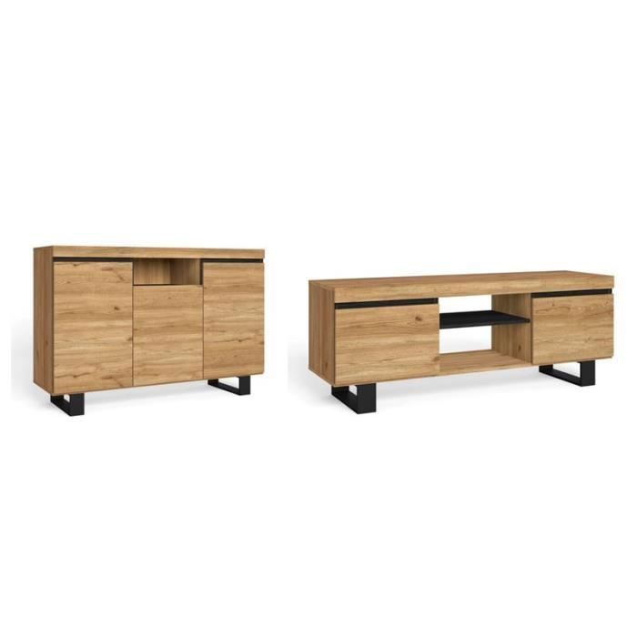 Ensemble Meubles Salon Naturale - Table Extensible, Buffet, Meuble TV - Chêne/noir