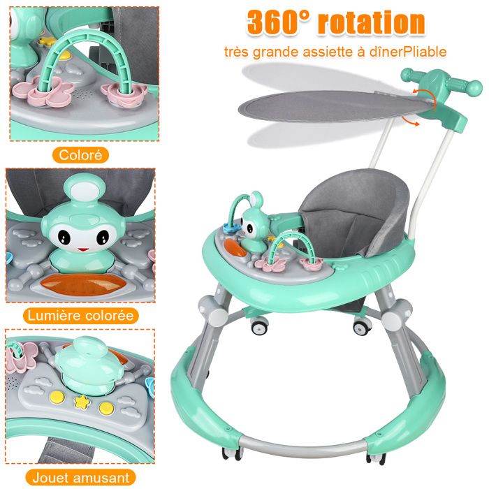Trotteur Bébé 5 En 1 Pliable - Avec Lumières Et Musique, 5 Hauteurs, Siège Amovible, Pour Enfants Dès 6 Mois