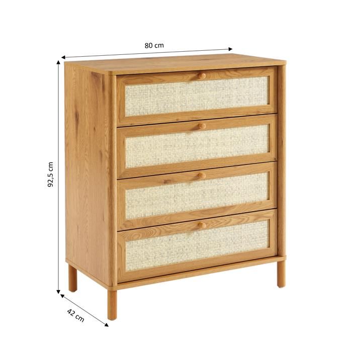 Commode HAIDA 4 Tiroirs Effet Ch ne Et Rotin 80cm Bois Cdiscount Maison