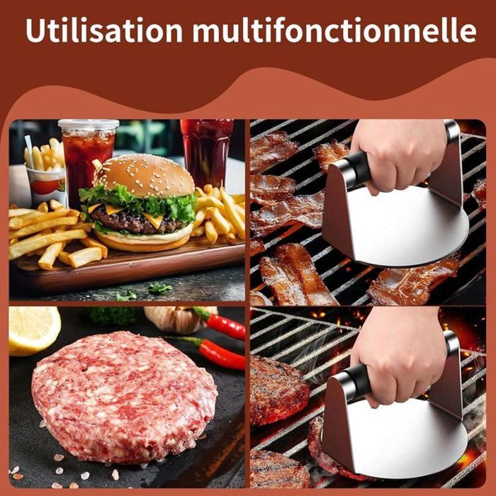 Kit Presse à Burger Toskope - 3 Pièces - Acier Inox - Moule à Steak + Pinceau Cuisine - Pour BBQ Et Grill