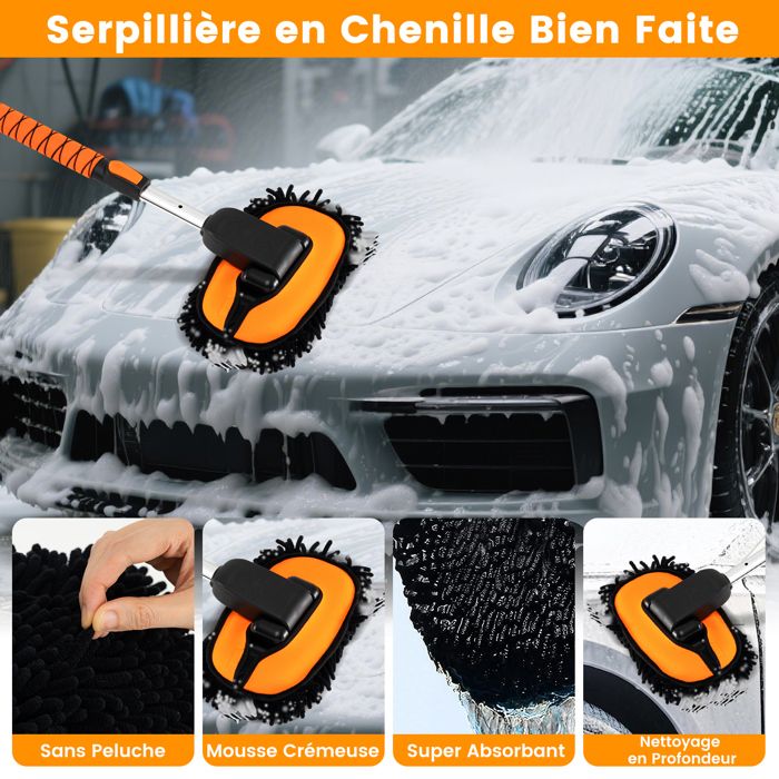 Brosse De Lavage Voiture 2 En 1 Avec Manche Long 152 Cm - Poils Souples + Raclette Caoutchouc + Gant
