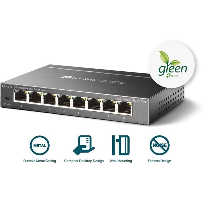 TP-Link TL-SG108 Switch Gigabit 8 Ports Métal - Hub Ethernet Non Géré 10/100/1000 Mbps - Silencieux, Écoénergétique - Bureau & Maison