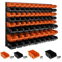 Lot de 82 boîtes S et M bacs a bec orange et noir pour système de rangement 115 x 78 cm au garage