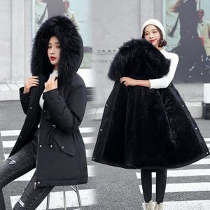 MANTEAU - CABAN Manteau Femme Hiver Couleur pure Faux Fourrure Trim Garder chaud Plus velours avec Poches - Noir GOGUQ