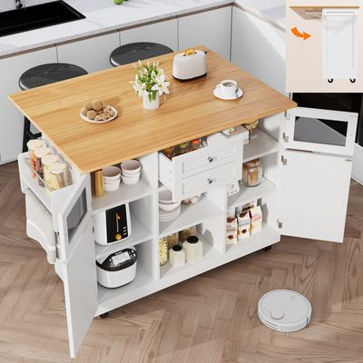 Chariot de cuisine, chariot de service sur roulettes, grand chariot à manger/buffet, en grain de bois massif, armoire de cuisine avec plan de travail pliable, porte de rangement, pieds en bois massif
