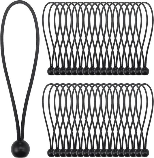 50 Pièces Tendeur Elastique avec Boule, 15cm Noires Sandow Elastique, Tendeur Bache pour Camping, Bannière, Bâches, Pavillons
