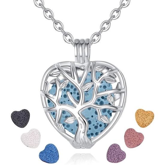 Collier Diffuseur D'huiles Essentielles Arbre De Vie - Bijou Aromathérapie Avec 5 Pierres De Lave - Pendentif Lotus Pour Femme - 5