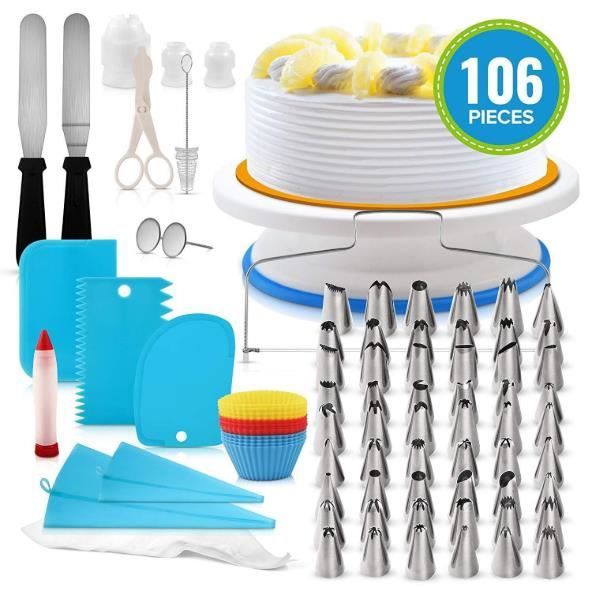 Kit de Pâtisserie avec 106 Ustensiles Plateau Présentoir à Gâteaux Tournant pour Glaçage et Déco, Poches et Douilles, Spatules