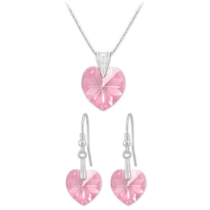 Parure Argent 925 Rhodie Coeurs 18 et 14mm Swarovski Element - Light Rose AB