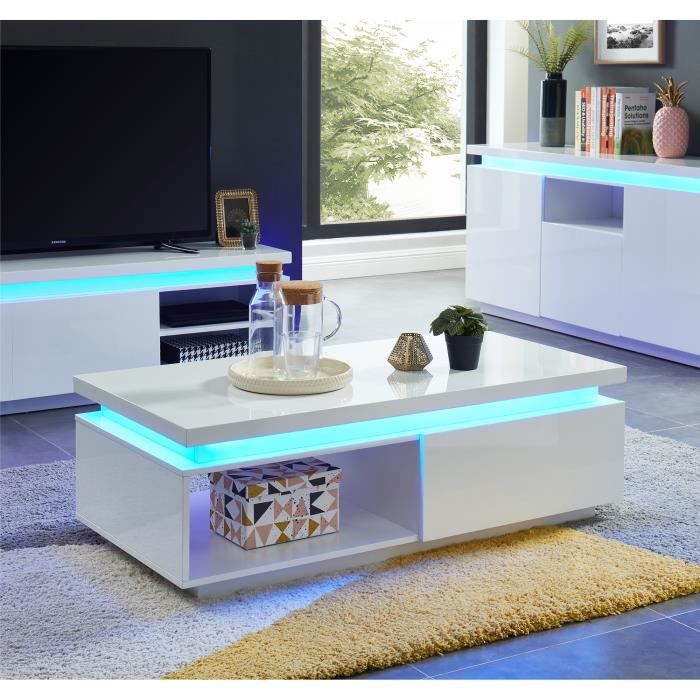COSMOS Table basse à LED contemporaine - laqué blanc brillant - L120cm