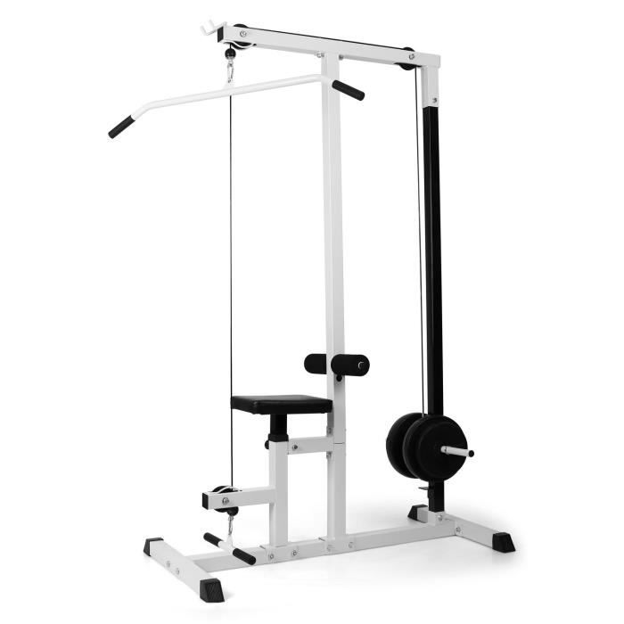 Klarfit FIT-LM01 Station de musculation rameur traction fitness latissimus - Siège réglable en hauteur - Support d'haltère - Blanc