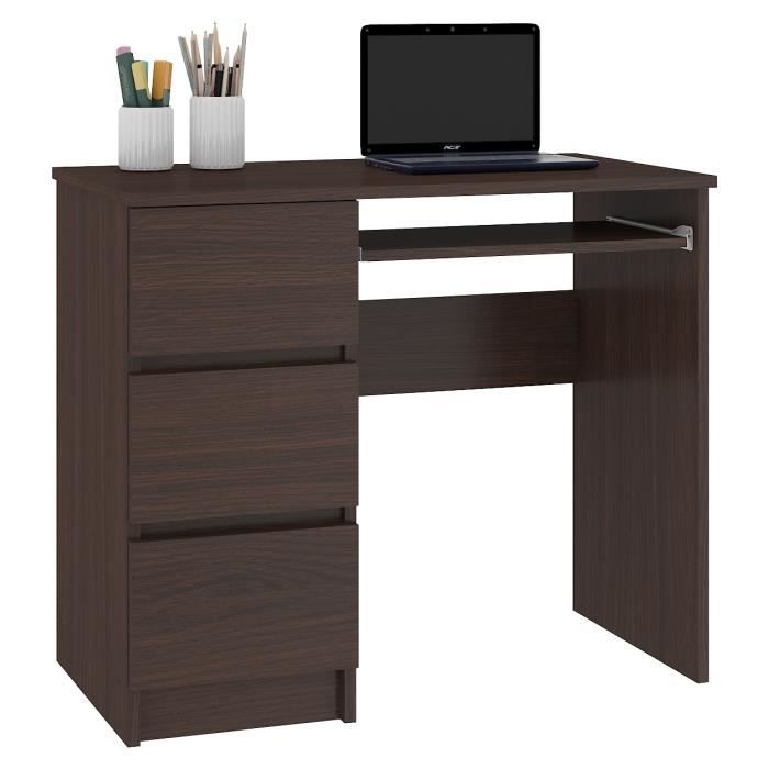 MIR - Bureau informatique multimédia moderne 90x77x50 - 3 tiroirs + support clavier - Table ordinateur multi-rangements - Wenge