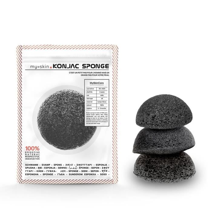 Eponge konjac x3 100% naturelle au charbon actif et Biodégradable - Éponge konjac nettoyant visage pour un soin visage