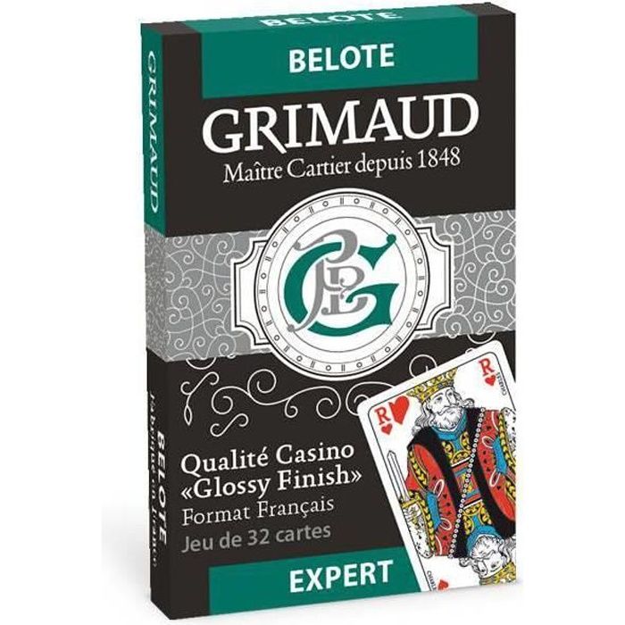 Grimaud Expert Belote - jeu de 32 cartes cartonnées plastifiées - format bridge - 4 index standards