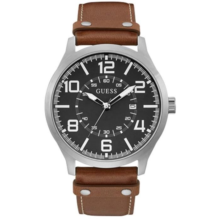 GUESS Homme 48mm Bracelet Cuir Boitier Acier Inoxydable Quartz Montre W1301G1