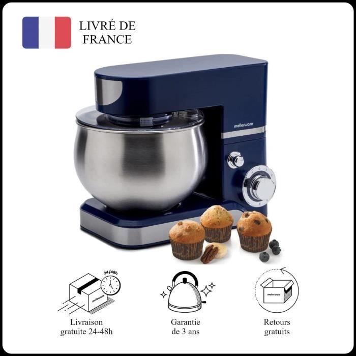 Mellerware - Robot Pâtissier Twist! 1000 W - Mélangeur Electrique Cuisine - Professionnel Multifonctionnel - 5L - 6 Vitesses - Bleu
