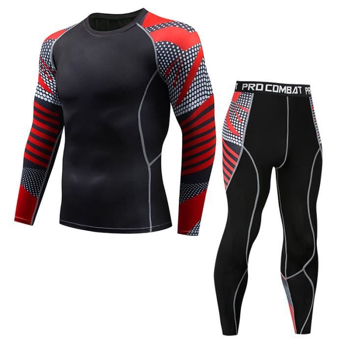 Ensemble de vêtements de sport homme 2 pièces Maillot manches longues&Collant Fitness Respirant Jogging Séchage Rapide Élastique