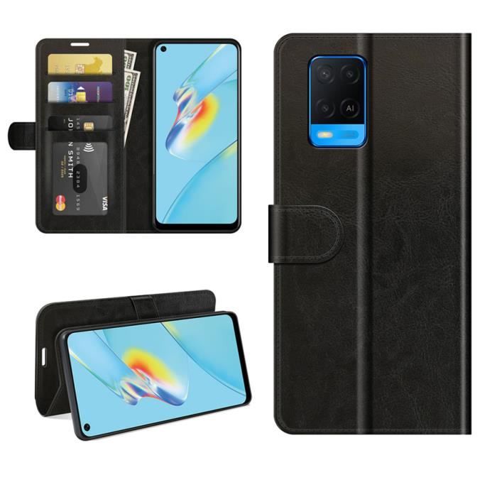 Coque + Film Protection OPPO A54 (4G), Noir Cuir Mode Bumper Magnétique avec Support et Cartes Fentes Légère