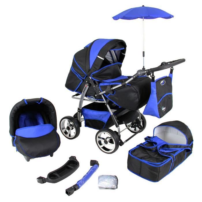 Poussette/Landau combiné 3en1 multifonctions avec siège-auto & équipement + roues gonflables bébé enfant Rodeo - Noire et Bleue.
