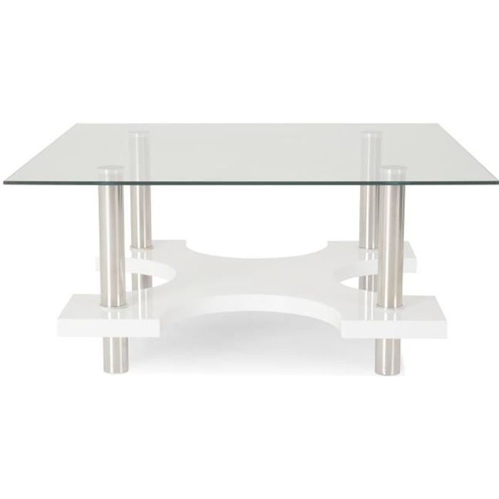 BARNABE Table Basse Carrée Plateau en Verre Trempé Blanc