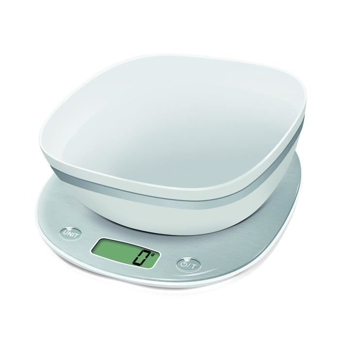 Terraillon Balance de Cuisine, Avec Bol, Tare, Conversions Liquides, Poignée intégrée, Portée 5 kg, Macaron, Givrée
