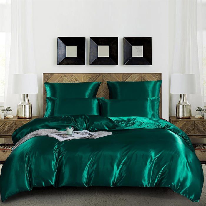 Parure De Lit 3 Pièces Satin Microfibre – Vert Foncé – 200x200 Cm – NEUVE