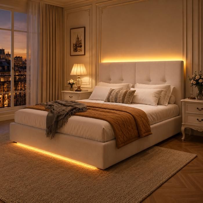 160x200 CM Lit double coffre en velours beige avec sommier à lattes lumière LED réglable USB et fonction de stockage hydraulique