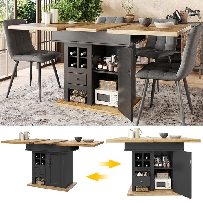 Table à Manger - Extensible 110-140cm - 6 Personnes - Design Moderne - Noir et Bois