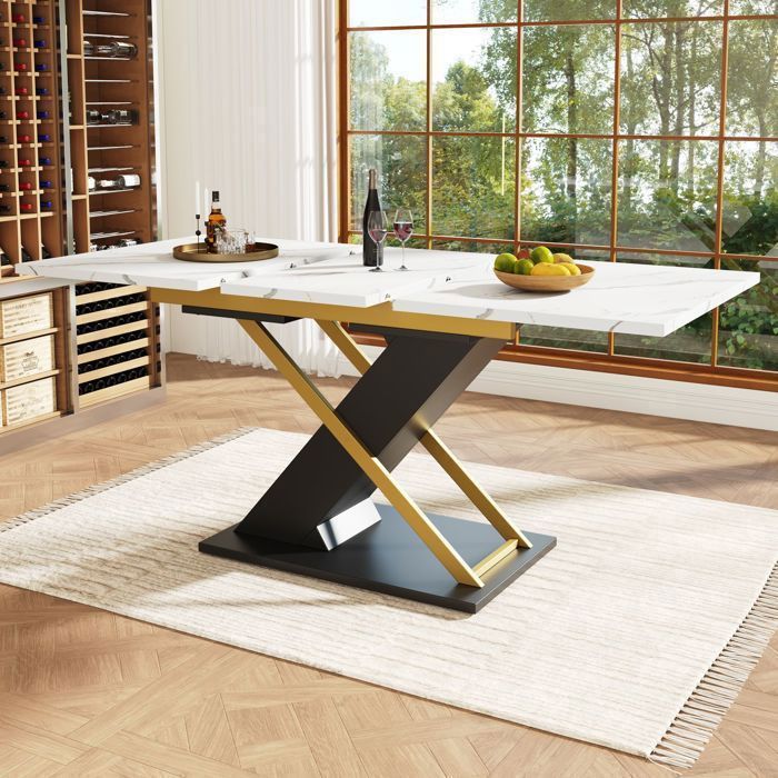Table à manger extensible 132-160x80x75cm Table de cuisine moderne aspect marbre pieds croisés dorés en métal pour salle à manger