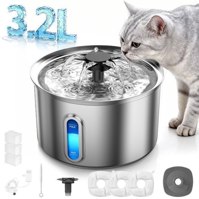 Fontaine à Eau pour Chat–32 L-Ultra silencieuse – Fontaine Chat Acier Filtre Multicouche-3 en 1