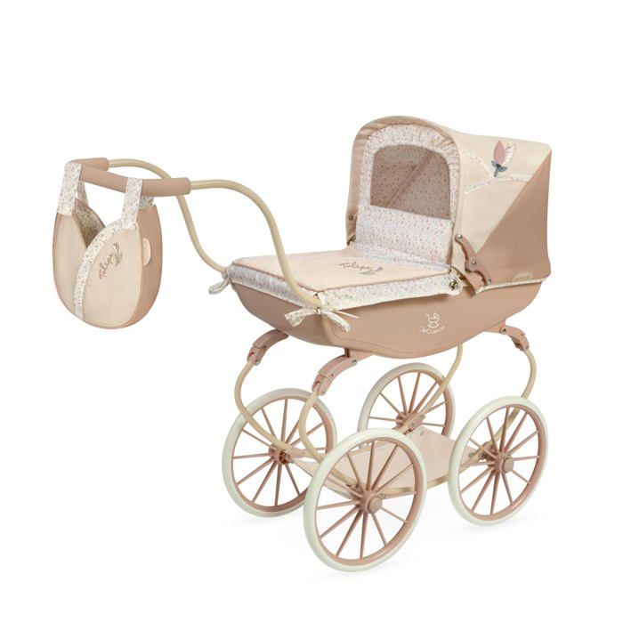Poussette de poupées vintage - DE CUEVAS TOYS - Tulipe - 50x25 cm intérieur - 68 cm guidon - 80x28x68 cm - Rose