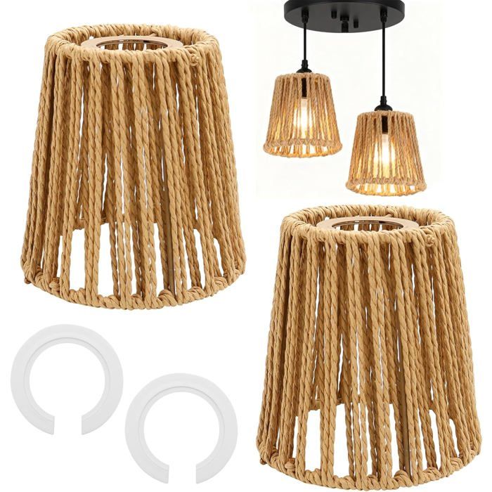 Abat-Jour Rotin Naturel Tissé Main - 2 Pièces Style Boho pour E27/E14 Décoration Lampe Suspendue/Applique (Naturel)