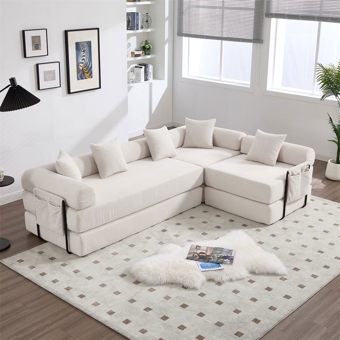 DRIPEX Grande Canapé dangle 4 places familial en velours côtelé modulaireCanapé combinableemballé sous videBeige270*180*64cm