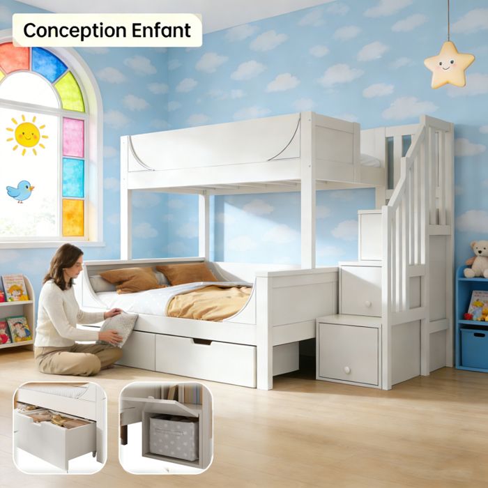 Lit Superposé Enfant avec Escalier de Rangement + 2 Grands Tiroirs Protection Anti-Chute - (90x200cm+140x200cm) - Blanc