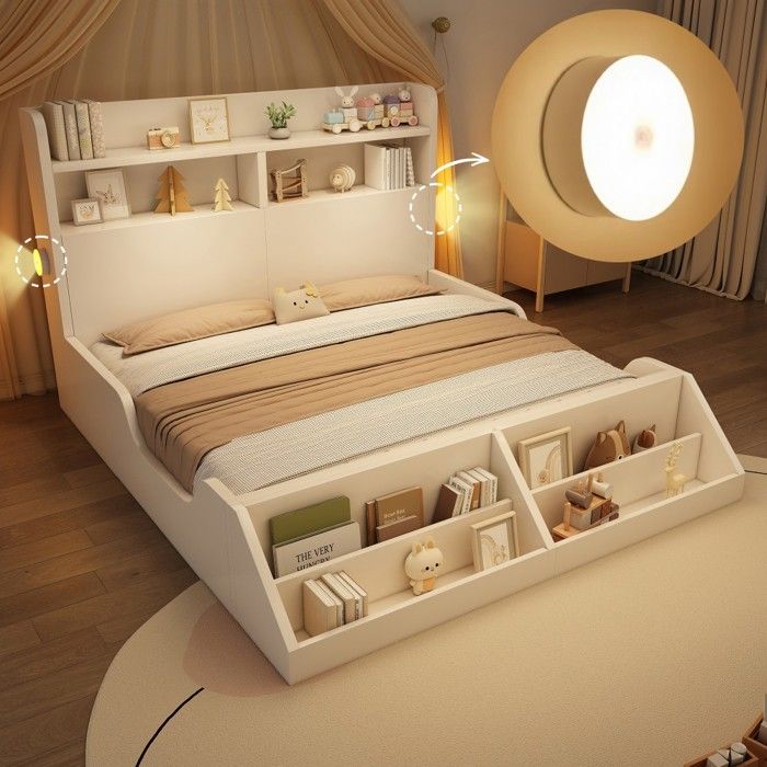 Lit Double Bois Blanc Pur 140x200cm Enfant/Adolescent Étagères Amovibles Veilleuses Sommier Lattes Structure Solide Sans Matelas Lit Double Bois Blanc Pur 140x200cm Enfant/Adolescent Étagères Amovibles Veilleuses Sommier Lattes Structure Solide Sans Matelas